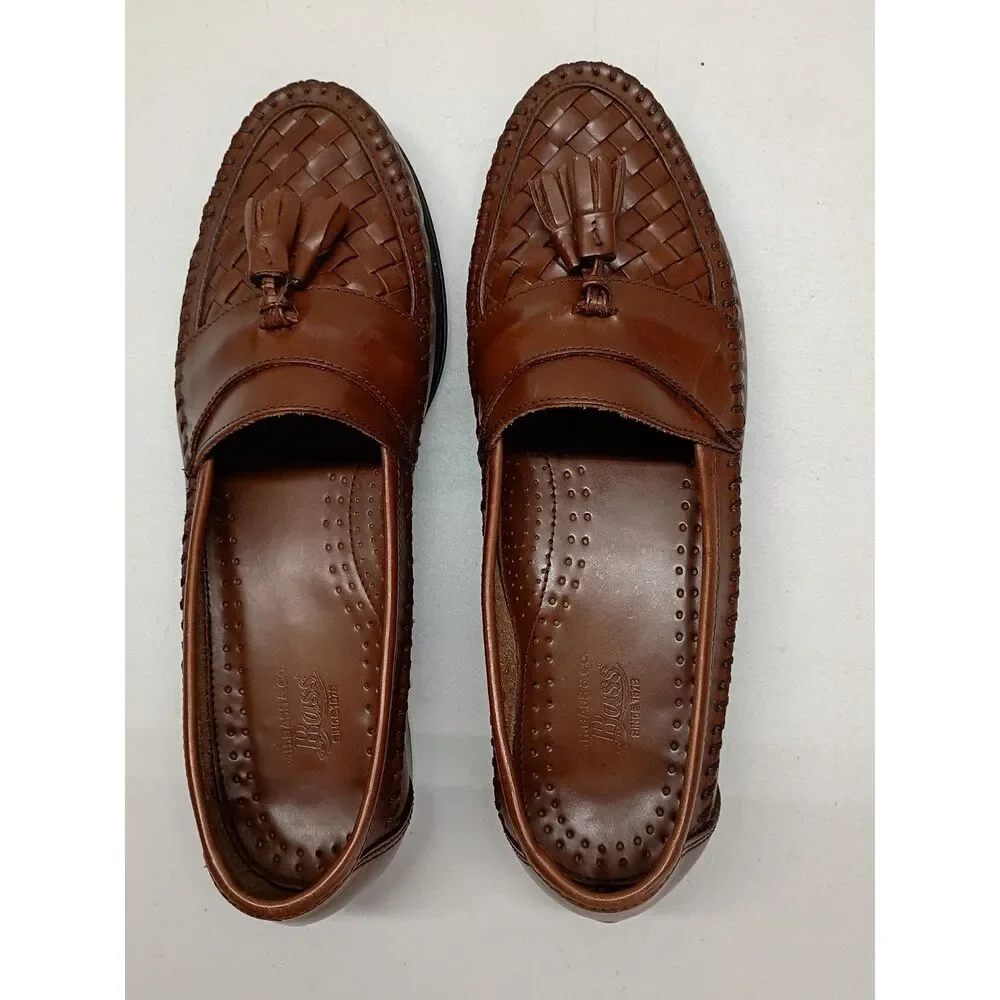 G.H. Bass & Co Leather Loafers Brown Men's 9M Tasseled Slip-on Blocky Heel Shoes